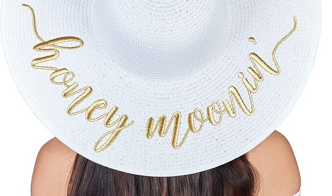 Womens Embroidered Straw Sun Hat Bridal Shower Gift Bachelorette Honeymoon